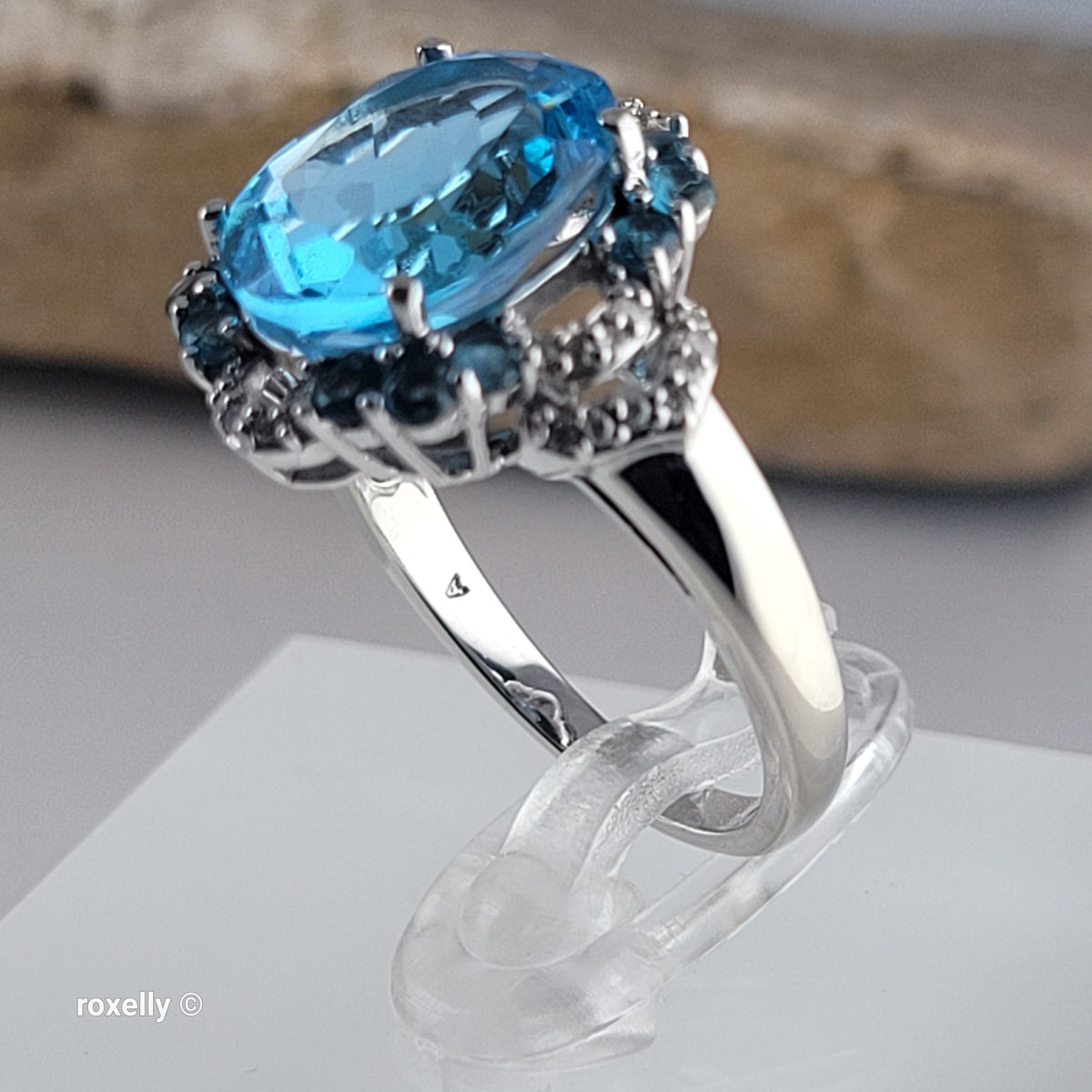10K White Gold Blue Topaz Gemstones and Diamonds Ring Size 6.75 - Solid Gold