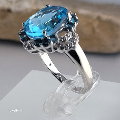 10K White Gold Blue Topaz Gemstones and Diamonds Ring Size 6.75 - Solid Gold