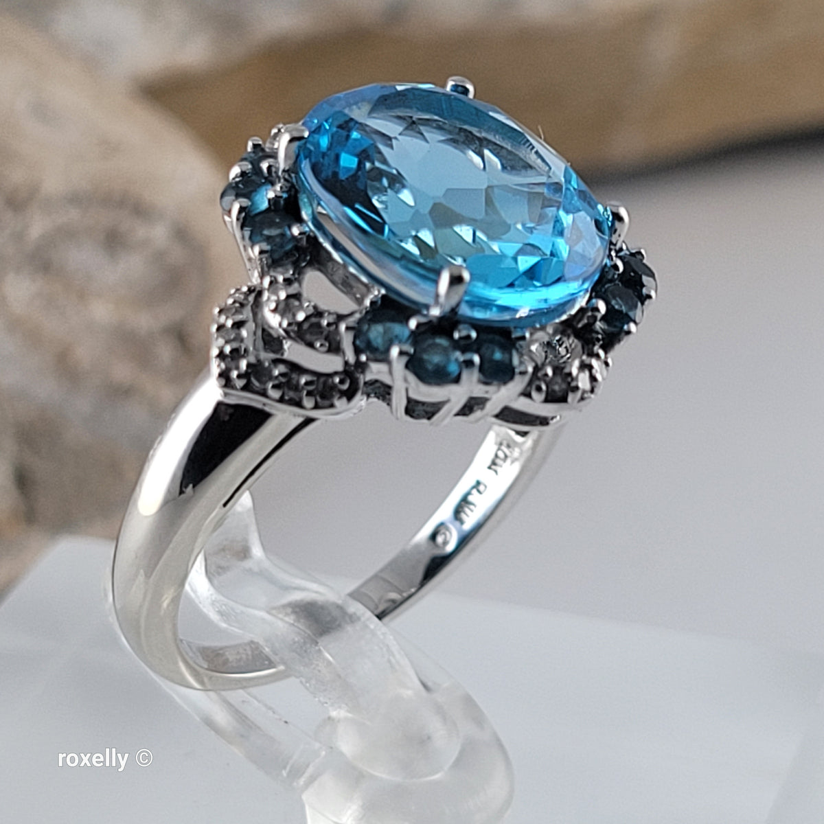 10K White Gold Blue Topaz Gemstones and Diamonds Ring Size 6.75 - Solid Gold