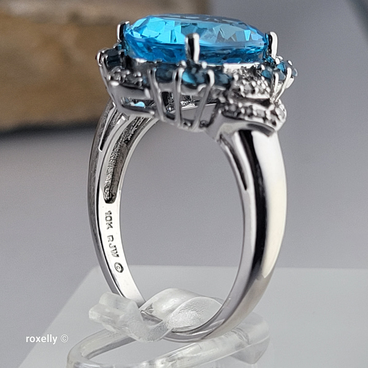 10K White Gold Blue Topaz Gemstones and Diamonds Ring Size 6.75 - Solid Gold