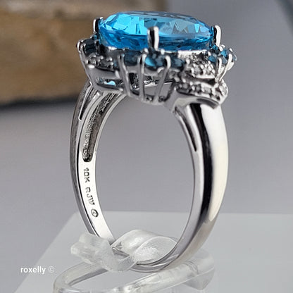 10K White Gold Blue Topaz Gemstones and Diamonds Ring Size 6.75 - Solid Gold