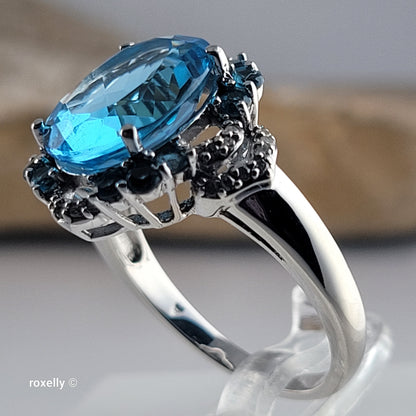 10K White Gold Blue Topaz Gemstones and Diamonds Ring Size 6.75 - Solid Gold
