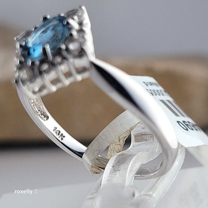 14K White Gold Blue and White Topaz Ring Size 6.75 - Solid Gold