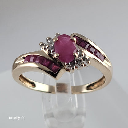 10K Yellow Gold Ruby and Genuine Diamond Bypass Ring Size 7 - Solid Gold