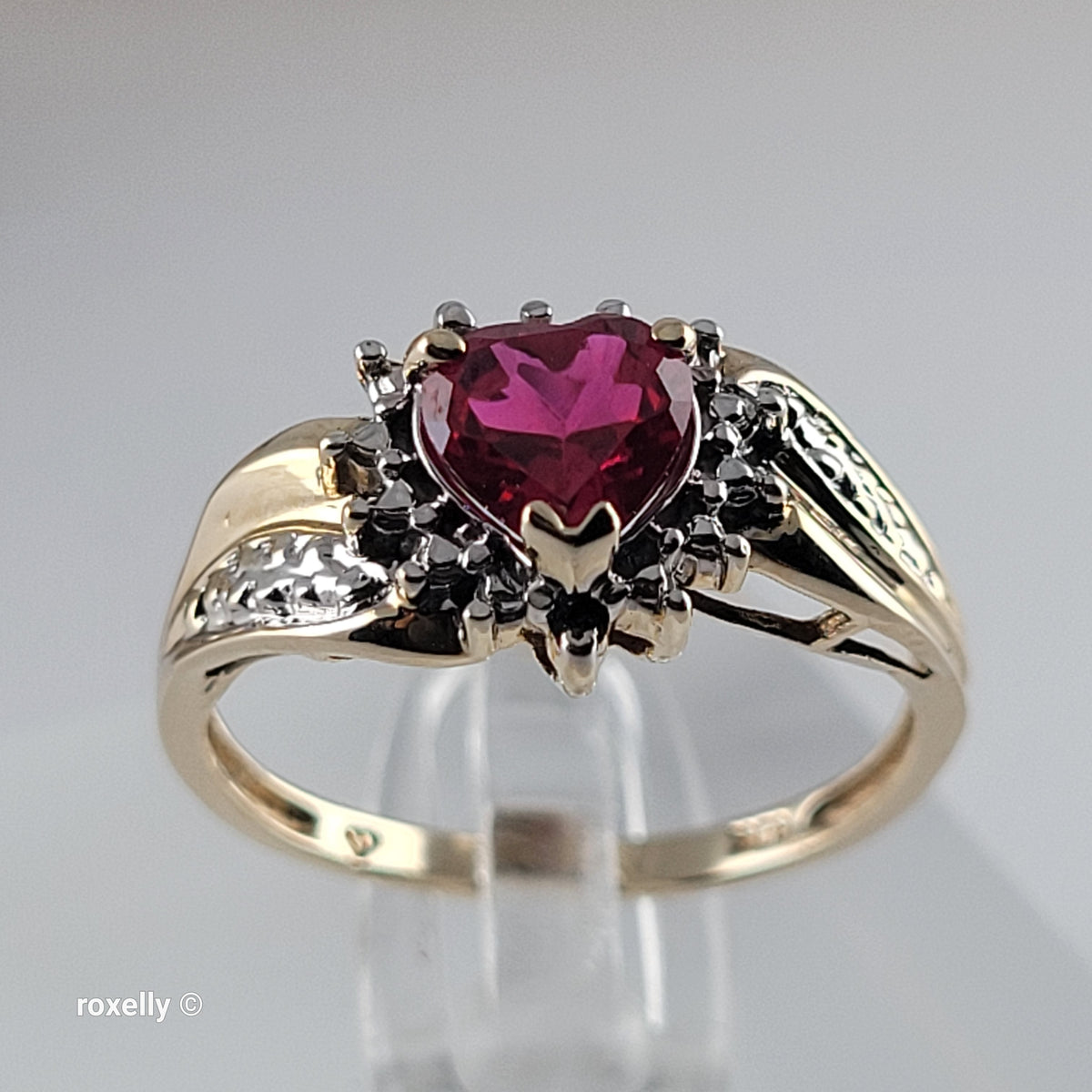 10K Yellow Gold Heart-Shaped Ruby and Genuine Diamonds Ring Size 6.5 - Solid Gold
