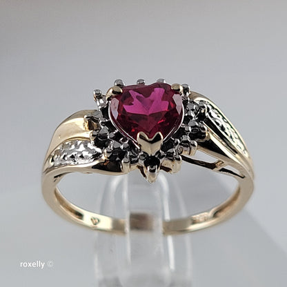 10K Yellow Gold Heart-Shaped Ruby and Genuine Diamonds Ring Size 6.5 - Solid Gold