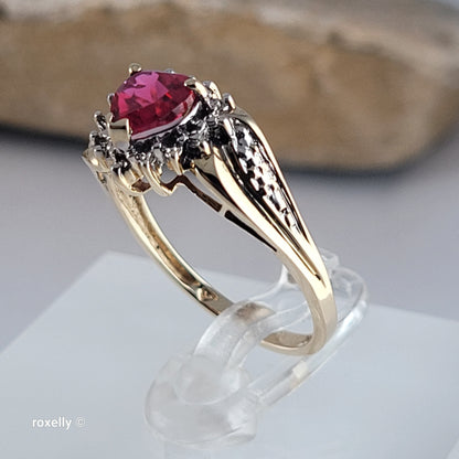 10K Yellow Gold Heart-Shaped Ruby and Genuine Diamonds Ring Size 6.5 - Solid Gold