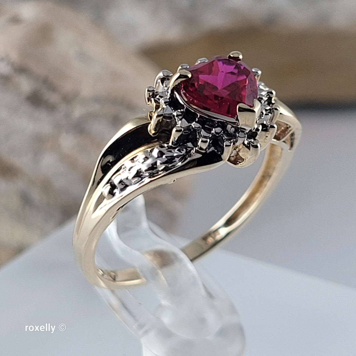 10K Yellow Gold Heart-Shaped Ruby and Genuine Diamonds Ring Size 6.5 - Solid Gold
