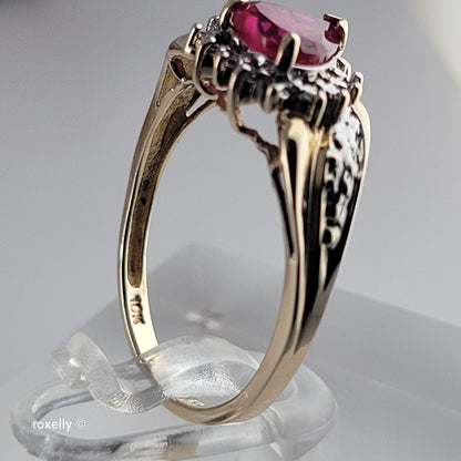 10K Yellow Gold Heart-Shaped Ruby and Genuine Diamonds Ring Size 6.5 - Solid Gold