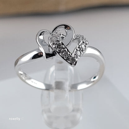 14K White Gold Intertwined Hearts Genuine Diamond Ring Size 7 - Solid Gold!