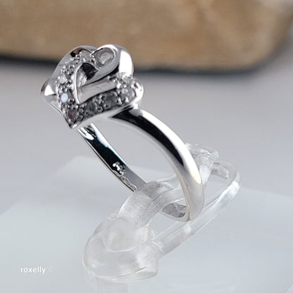 14K White Gold Intertwined Hearts Genuine Diamond Ring Size 7 - Solid Gold!