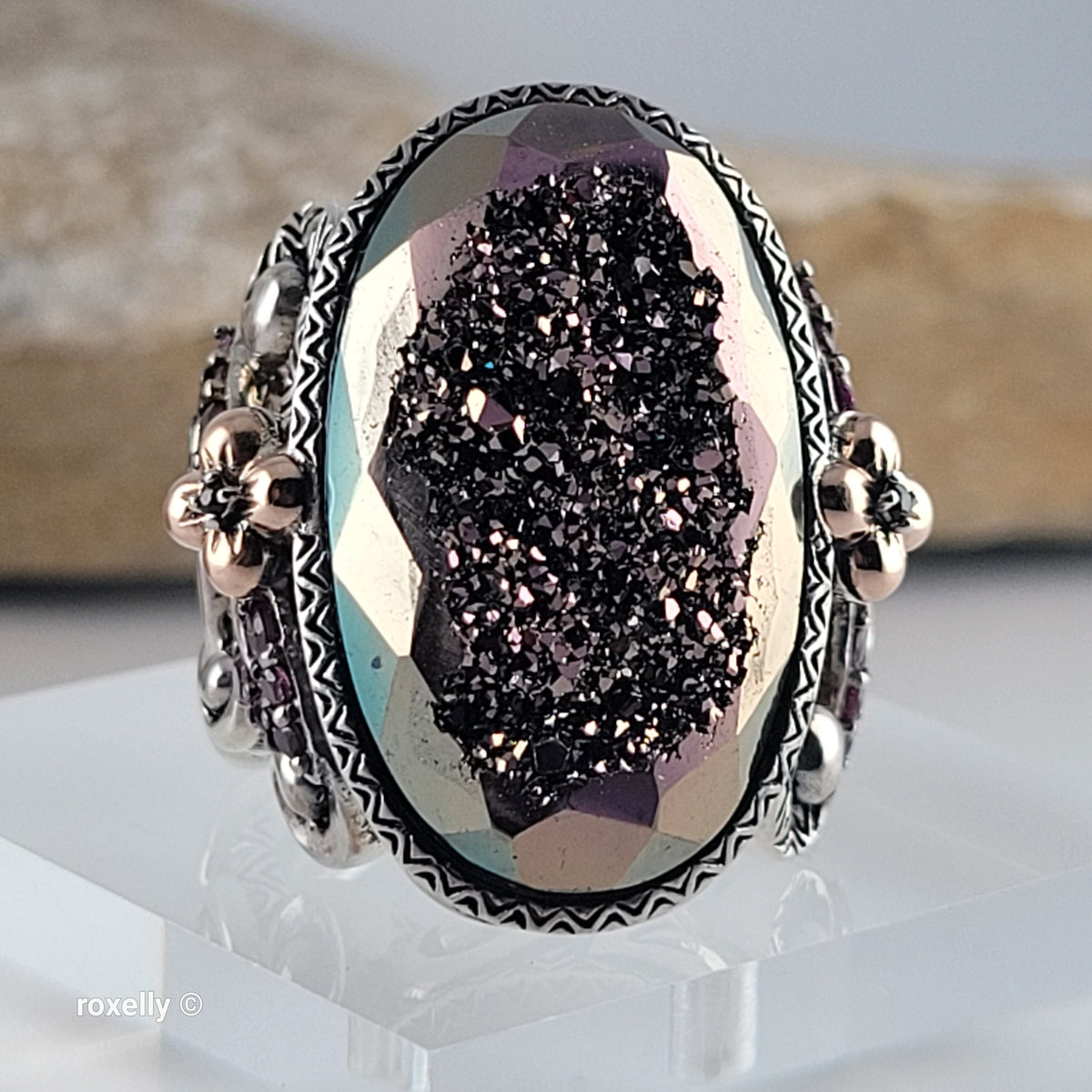 925 Sterling Silver & 18K Solid Yellow Gold, Plum Color Druzy Quartz, Tourmaline and Sapphire Ring Size 7!