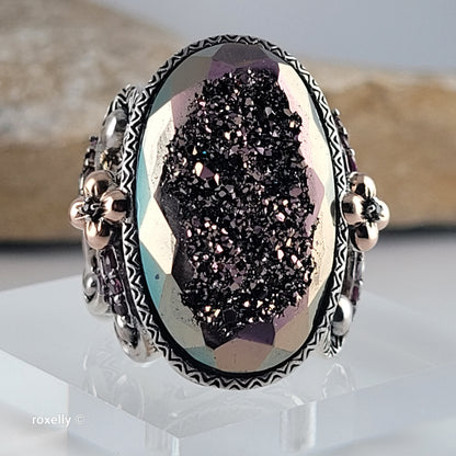 925 Sterling Silver & 18K Solid Yellow Gold, Plum Color Druzy Quartz, Tourmaline and Sapphire Ring Size 7!