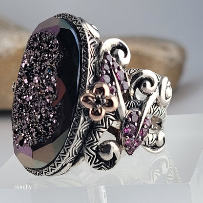925 Sterling Silver & 18K Solid Yellow Gold, Plum Color Druzy Quartz, Tourmaline and Sapphire Ring Size 7!