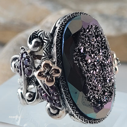 925 Sterling Silver & 18K Solid Yellow Gold, Plum Color Druzy Quartz, Tourmaline and Sapphire Ring Size 7!