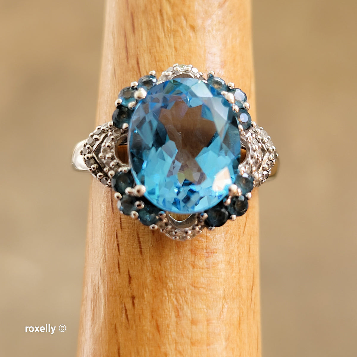 10K White Gold Blue Topaz Gemstones and Diamonds Ring Size 6.75 - Solid Gold