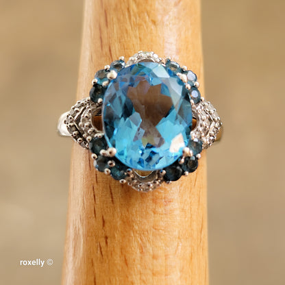 10K White Gold Blue Topaz Gemstones and Diamonds Ring Size 6.75 - Solid Gold
