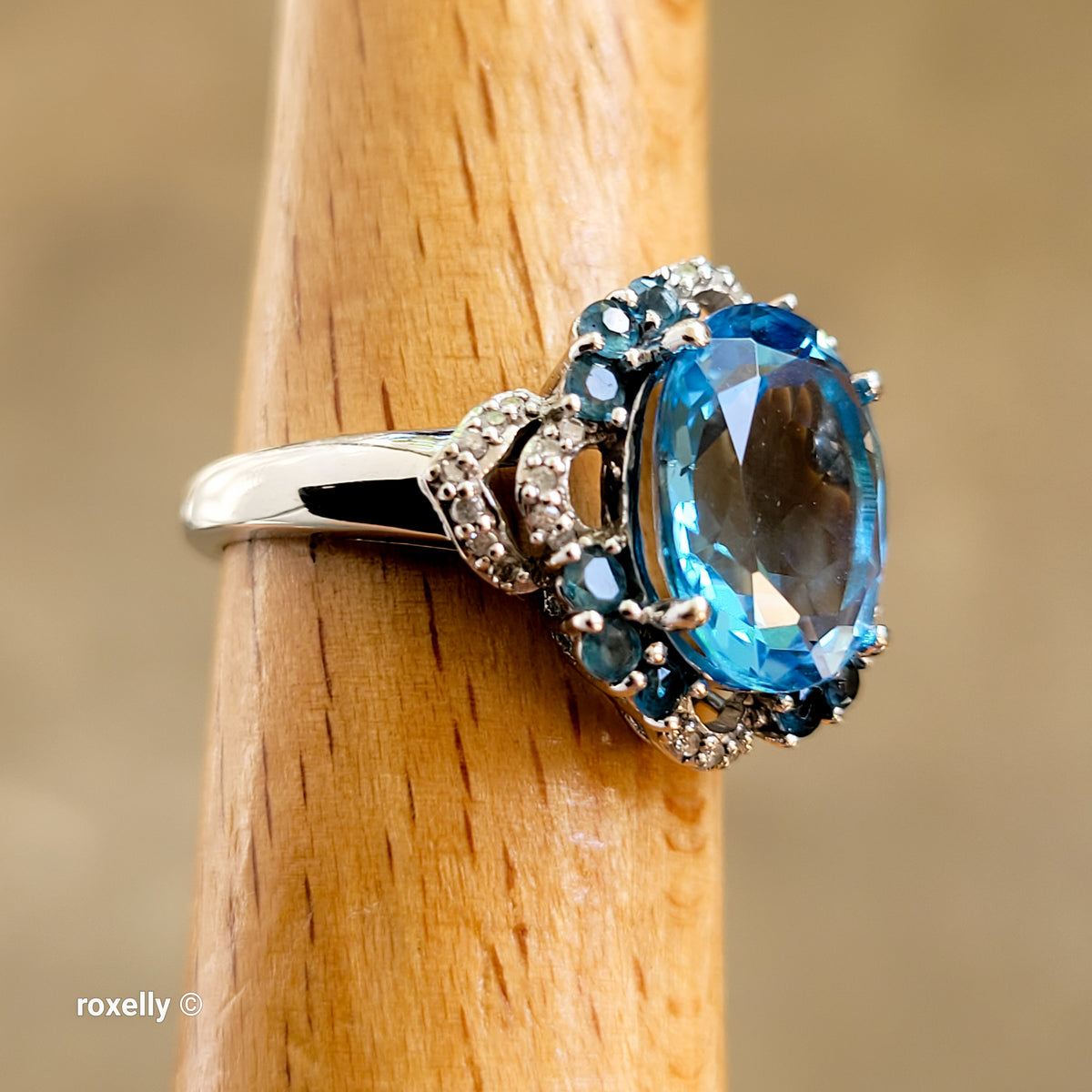 10K White Gold Blue Topaz Gemstones and Diamonds Ring Size 6.75 - Solid Gold