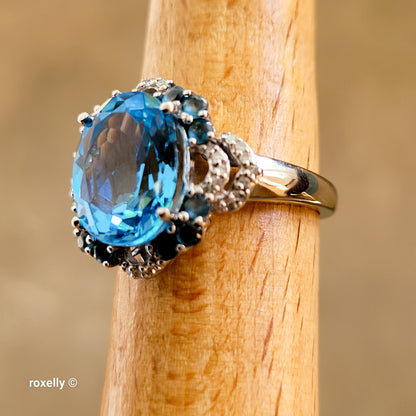 10K White Gold Blue Topaz Gemstones and Diamonds Ring Size 6.75 - Solid Gold