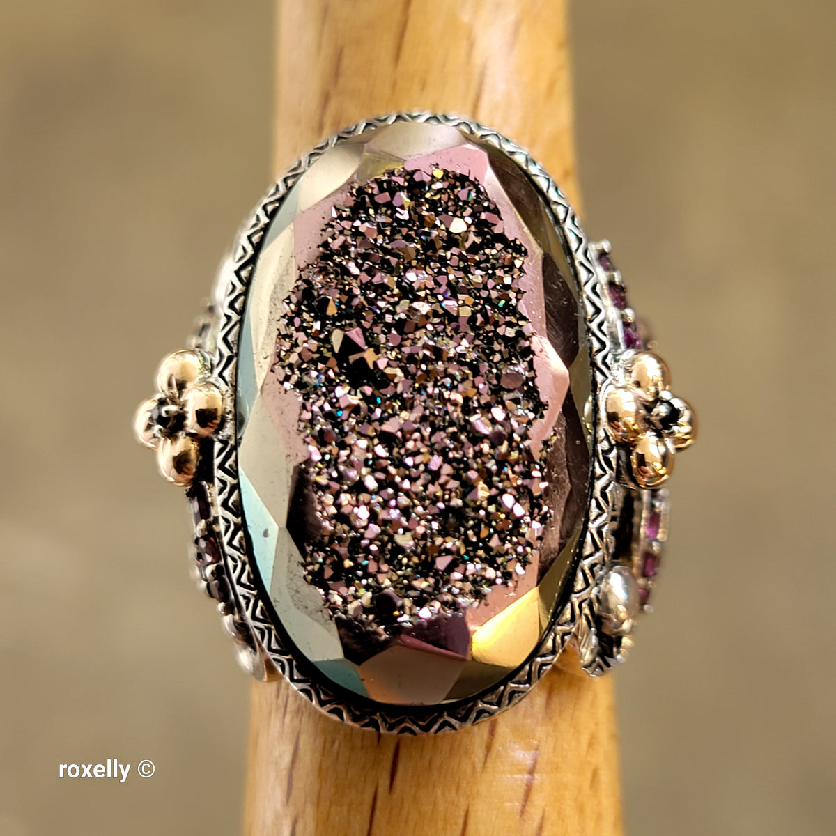 925 Sterling Silver & 18K Solid Yellow Gold, Plum Color Druzy Quartz, Tourmaline and Sapphire Ring Size 7!