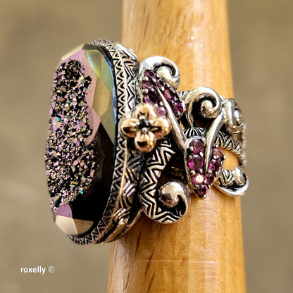 925 Sterling Silver & 18K Solid Yellow Gold, Plum Color Druzy Quartz, Tourmaline and Sapphire Ring Size 7!
