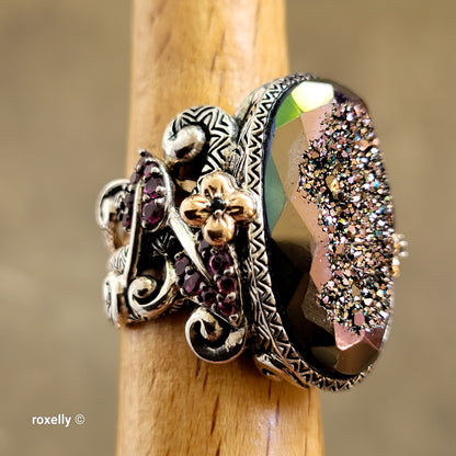 925 Sterling Silver & 18K Solid Yellow Gold, Plum Color Druzy Quartz, Tourmaline and Sapphire Ring Size 7!