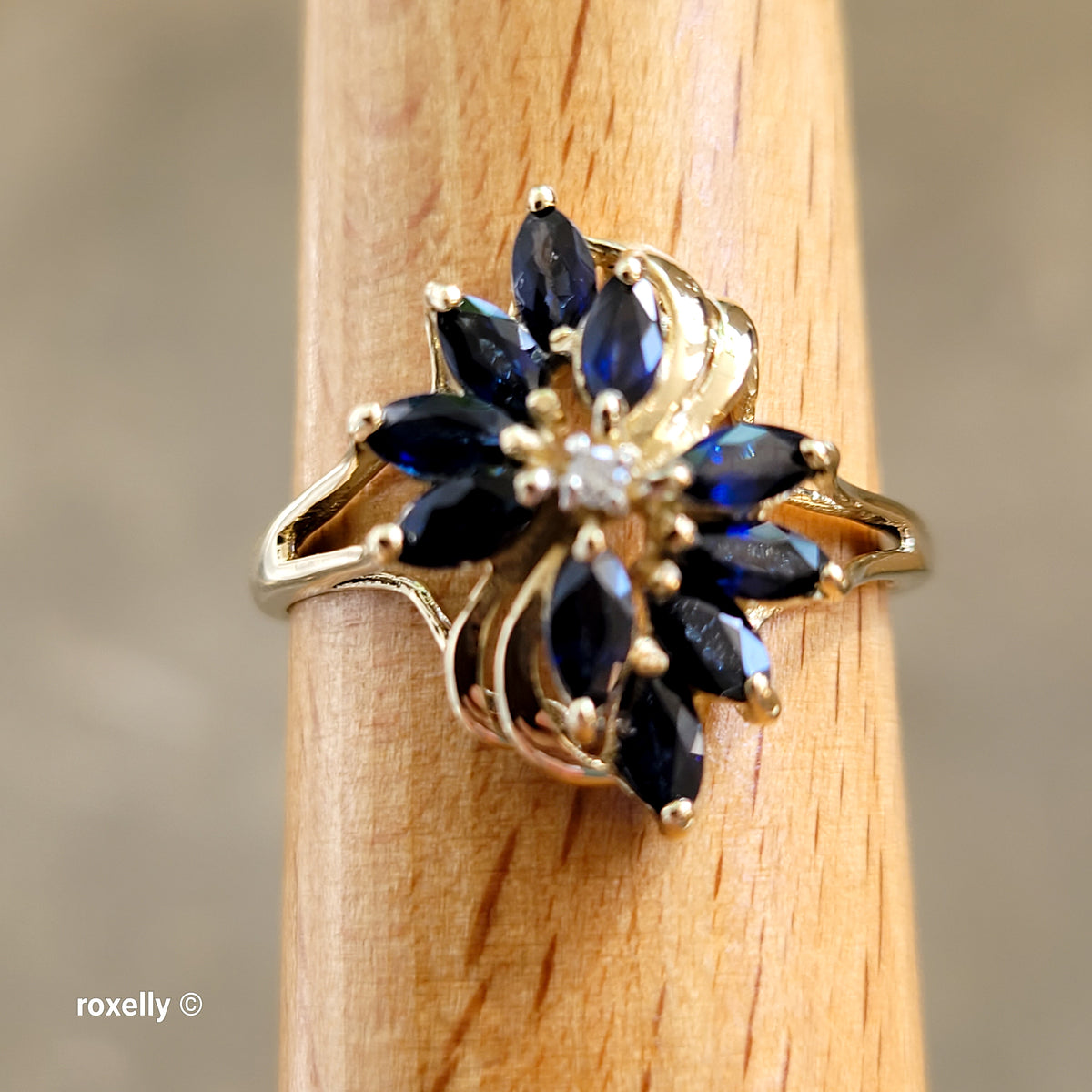 14K Yellow Gold Sapphires and Genuine Diamond Ring Size 10.5 - Solid Gold