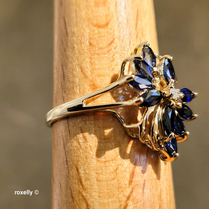14K Yellow Gold Sapphires and Genuine Diamond Ring Size 10.5 - Solid Gold