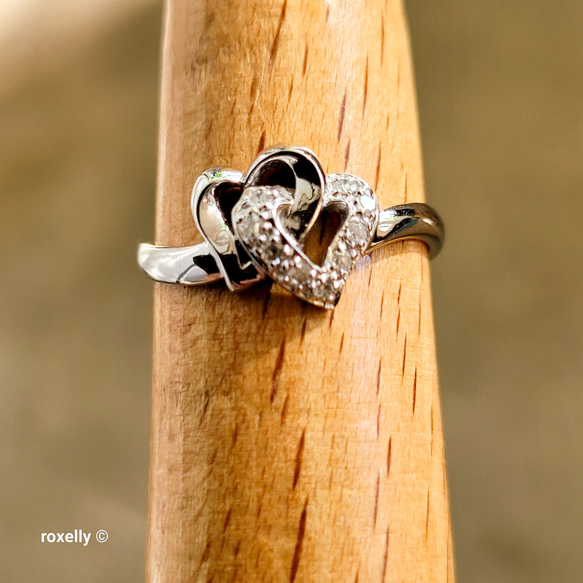 14K White Gold Intertwined Hearts Genuine Diamond Ring Size 7 - Solid Gold!