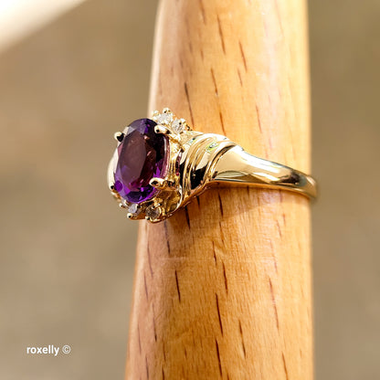 14K Yellow Gold Purple Amethyst and Genuine Diamond Ring Size 7.5 - Solid Gold