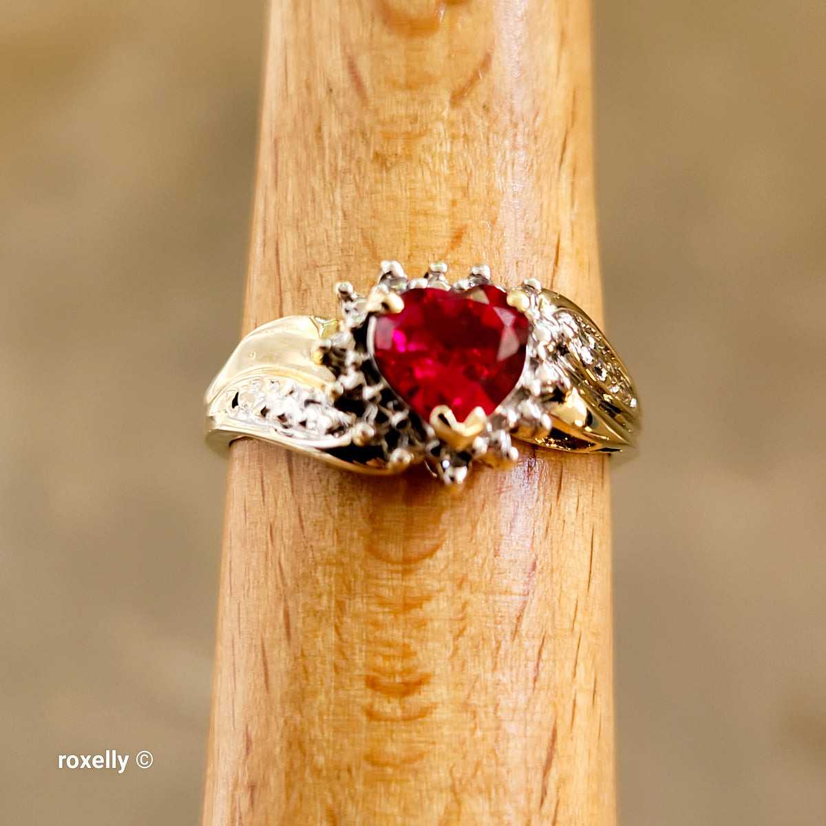 10K Yellow Gold Heart-Shaped Ruby and Genuine Diamonds Ring Size 6.5 - Solid Gold
