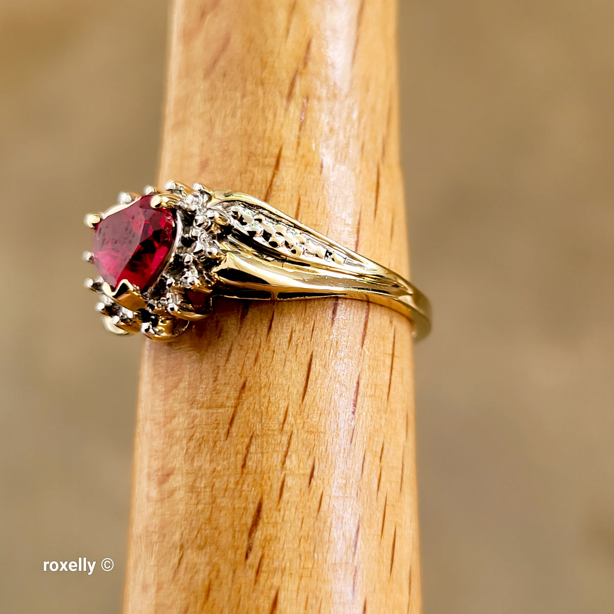 10K Yellow Gold Heart-Shaped Ruby and Genuine Diamonds Ring Size 6.5 - Solid Gold
