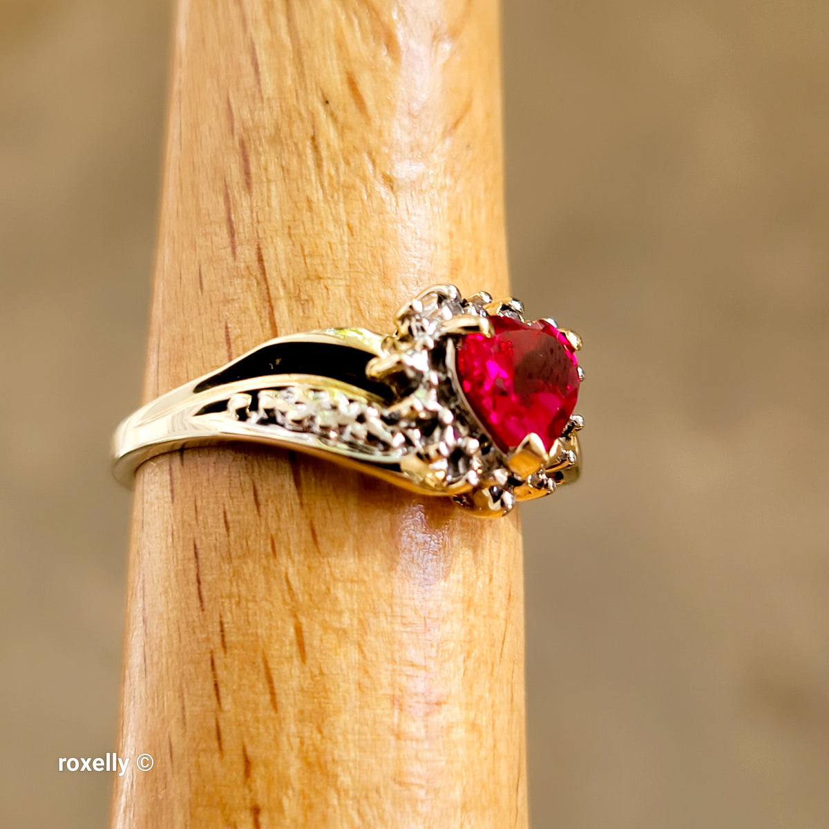 10K Yellow Gold Heart-Shaped Ruby and Genuine Diamonds Ring Size 6.5 - Solid Gold