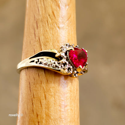 10K Yellow Gold Heart-Shaped Ruby and Genuine Diamonds Ring Size 6.5 - Solid Gold