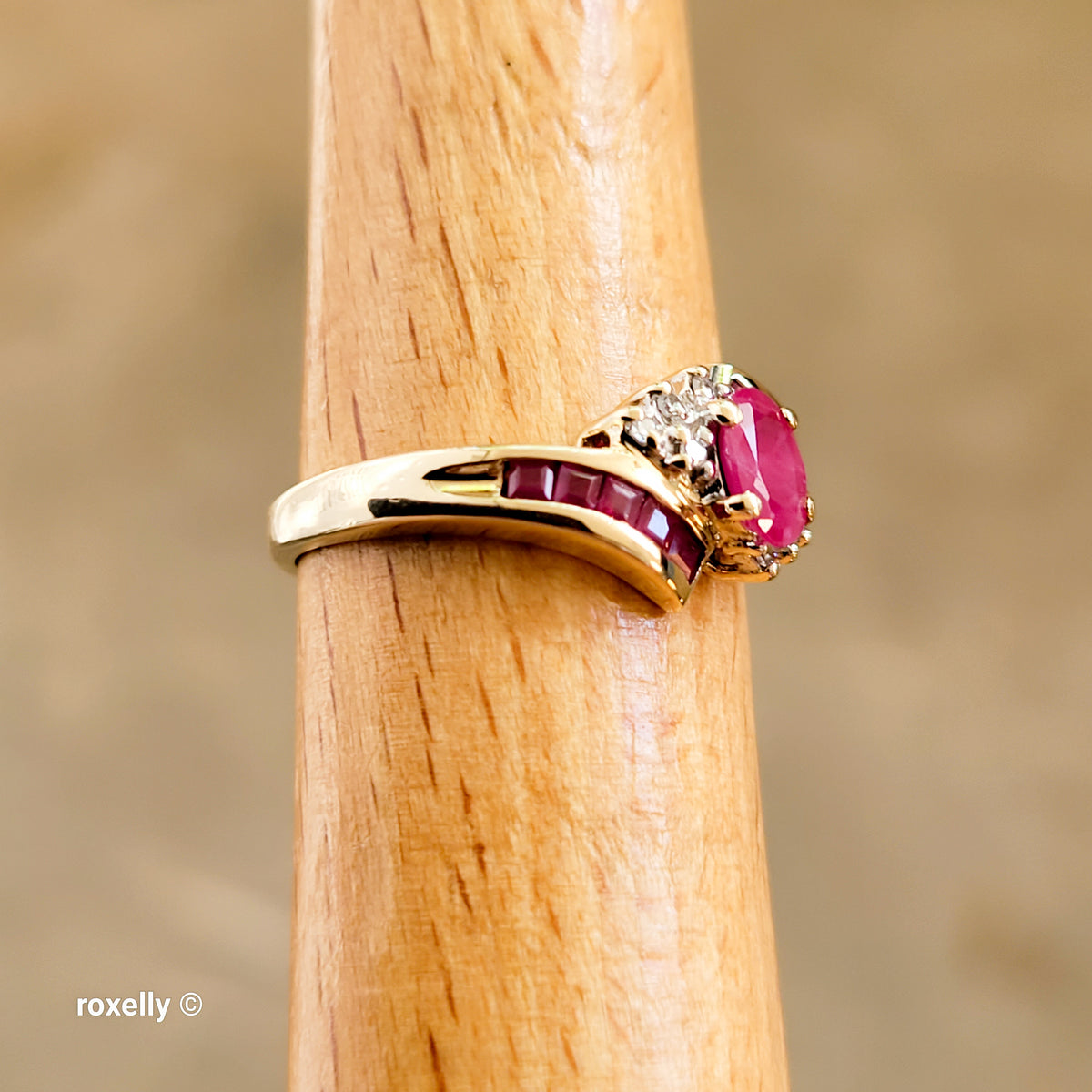10K Yellow Gold Ruby and Genuine Diamond Bypass Ring Size 7 - Solid Gold