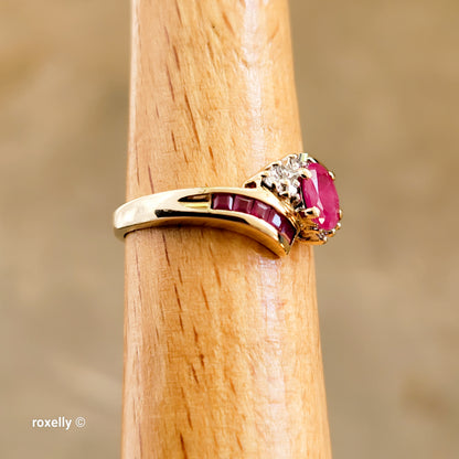 10K Yellow Gold Ruby and Genuine Diamond Bypass Ring Size 7 - Solid Gold