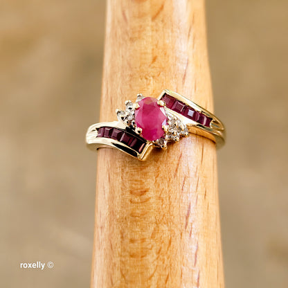 10K Yellow Gold Ruby and Genuine Diamond Bypass Ring Size 7 - Solid Gold