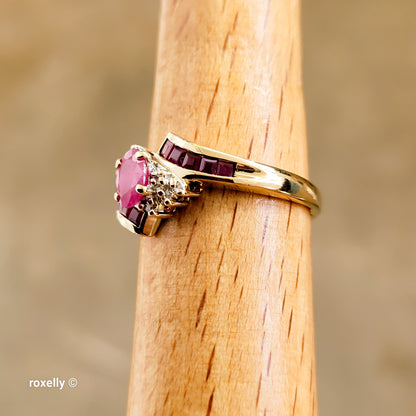 10K Yellow Gold Ruby and Genuine Diamond Bypass Ring Size 7 - Solid Gold