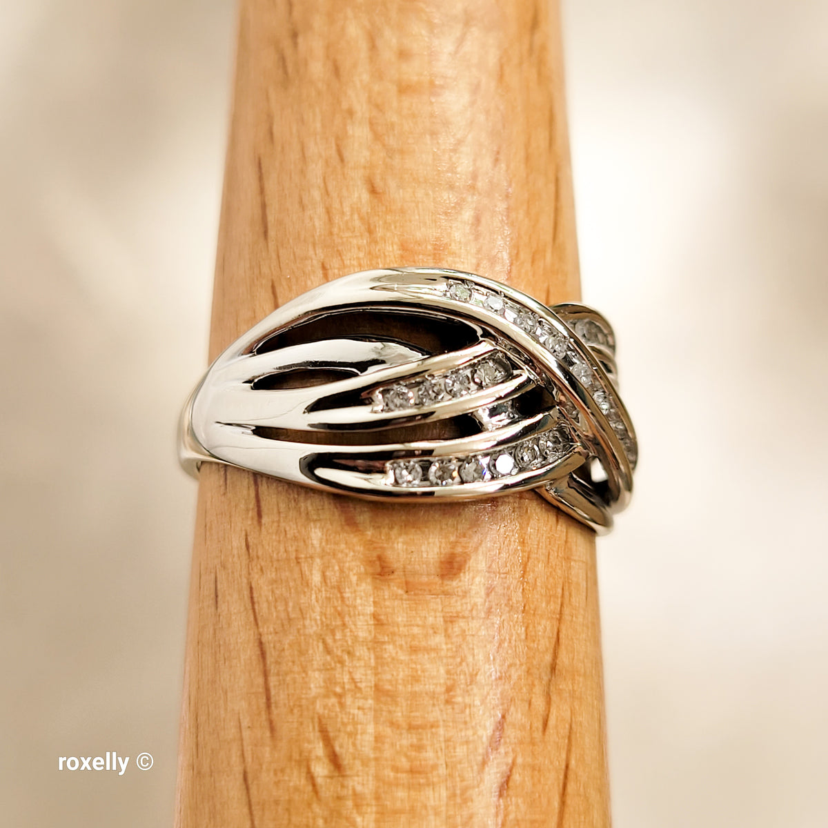 14K White Gold Crossover Genuine Diamonds Ring Size 9.5 - Solid Gold