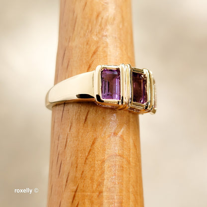 14K Yellow Gold Purple Amethyst Gemstones Ring Size 6.5 - Solid Gold