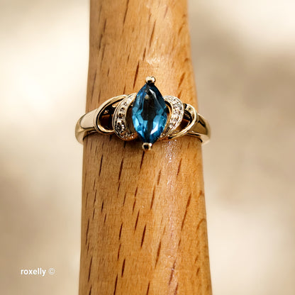 10K Yellow Gold Blue Topaz and Genuine Diamonds Ring Size 6.5 - Solid Gold