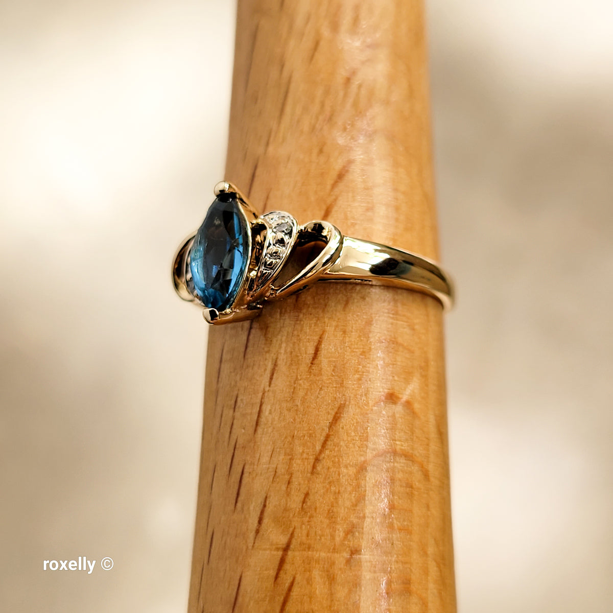 10K Yellow Gold Blue Topaz and Genuine Diamonds Ring Size 6.5 - Solid Gold