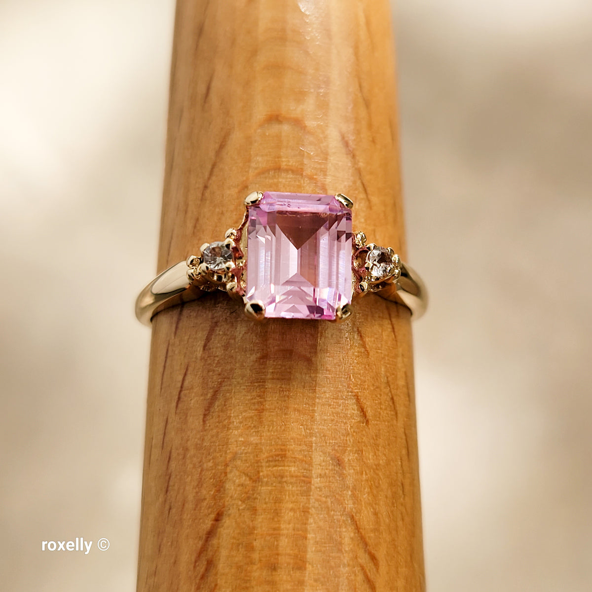 10K Yellow Gold Pink Sapphire & White Tourmaline Ring Size 8 - Solid Gold!