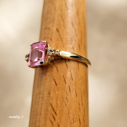 10K Yellow Gold Pink Sapphire & White Tourmaline Ring Size 8 - Solid Gold!