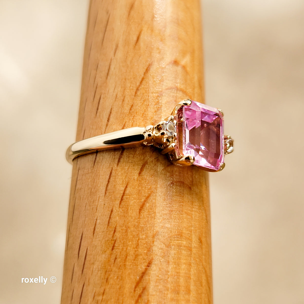 10K Yellow Gold Pink Sapphire & White Tourmaline Ring Size 8 - Solid Gold!