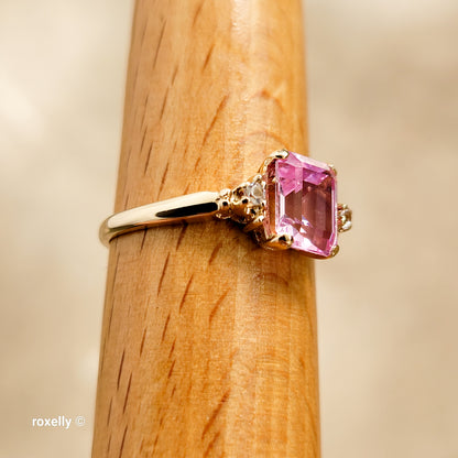 10K Yellow Gold Pink Sapphire & White Tourmaline Ring Size 8 - Solid Gold!