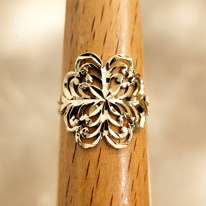 14K Yellow Gold Diamond-Cut Flower Ring Size 7.25 - Solid Gold