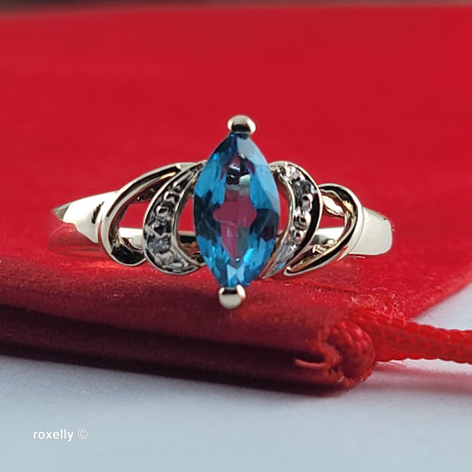 10K Yellow Gold Blue Topaz and Genuine Diamonds Ring Size 6.5 - Solid Gold