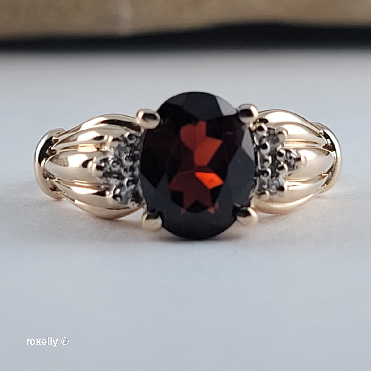 14K Yellow Gold Garnet and Genuine Diamonds Ring Size 5.5 - Solid Gold