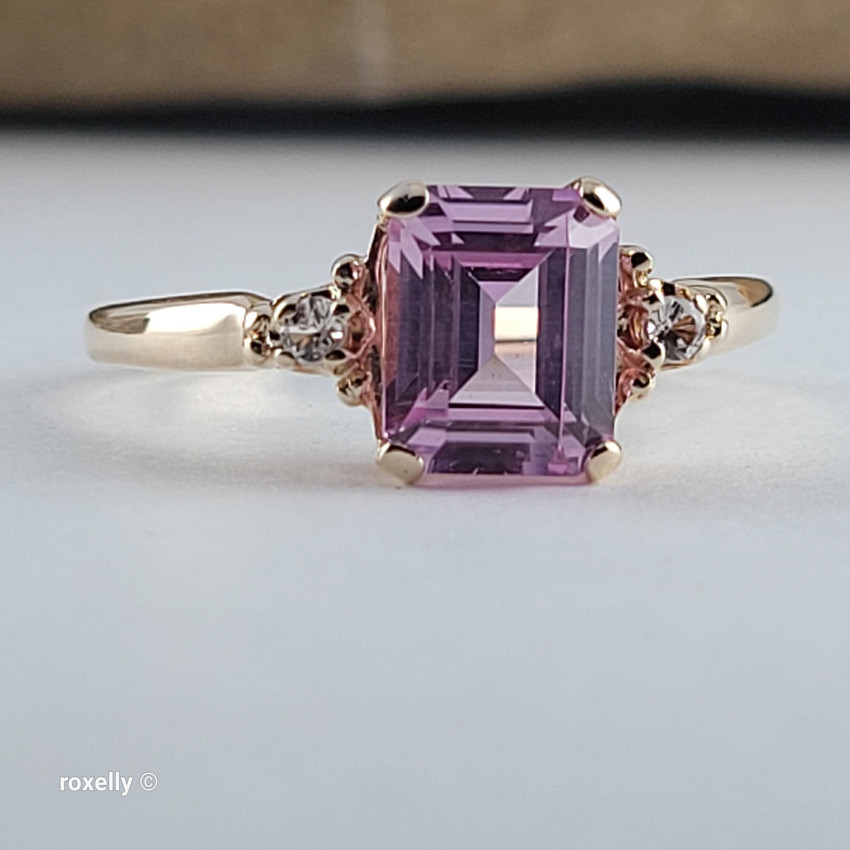 10K Yellow Gold Pink Sapphire & White Tourmaline Ring Size 8 - Solid Gold!